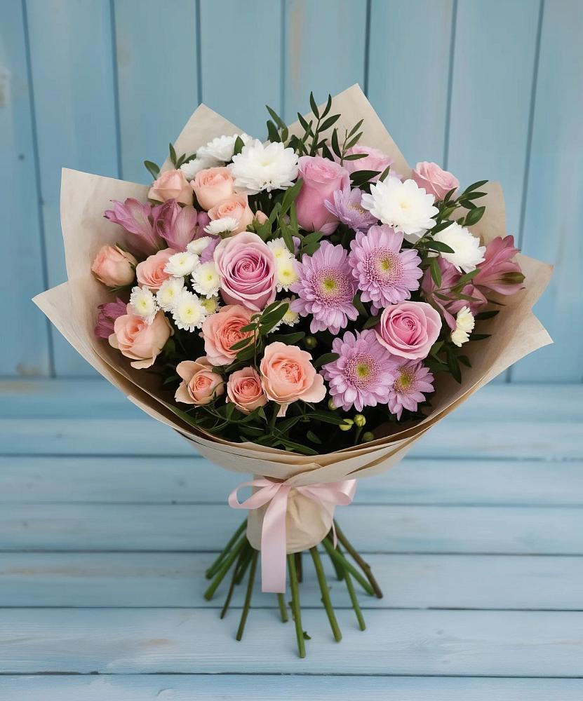 Букет цветов из: Хризантемы, Розы и Альстромерии в Невели