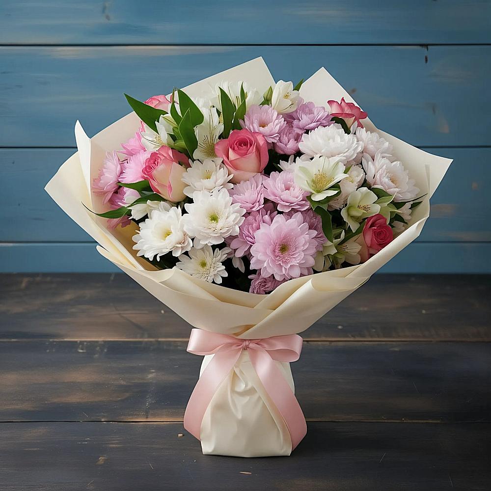 Букет цветов из: Хризантемы, Альстромерии и Розы в Невели